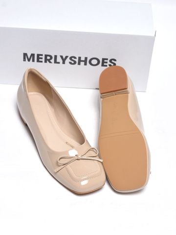 [New Color] Giày Búp Bê Kem Nude Bóng Mũi Vuông Nơ Merly 1482 Phong Cách Tiểu Thư, Giày Bít Mũi Nữ, Giày Công Sở Nữ, Giày Bệt Big Size, Giày Búp Bê Bigsize