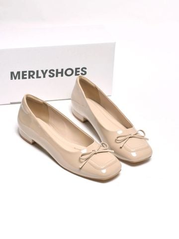 [New Color] Giày Búp Bê Kem Nude Bóng Mũi Vuông Nơ Merly 1482 Phong Cách Tiểu Thư, Giày Bít Mũi Nữ, Giày Công Sở Nữ, Giày Bệt Big Size, Giày Búp Bê Bigsize