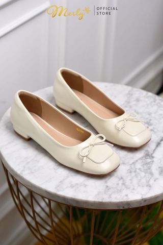 [Restock] Giày Búp Bê Nữ Mũi Vuông Nơ Xinh Merly 1482 Trắng Kem, Giày Búp Bê Bigsize 35-43, Giày Bít Mũi Nữ, Giày Công Sở Nữ, Shop Giày Nữ Big Size Tphcm