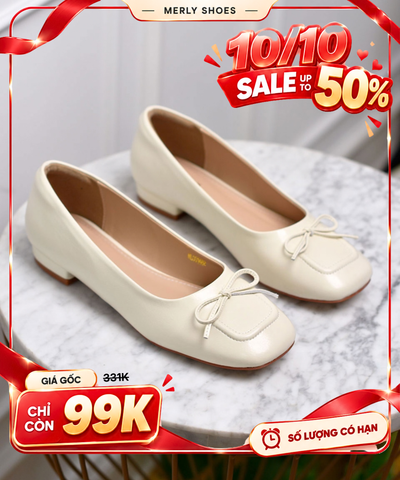 Giày Búp Bê Nữ Mũi Vuông Nơ Xinh Merly 1482 Trắng Kem, Giày Búp Bê Bigsize 35-43, Giày Bít Mũi Nữ, Giày Công Sở Nữ, Shop Giày Nữ Big Size Tphcm
