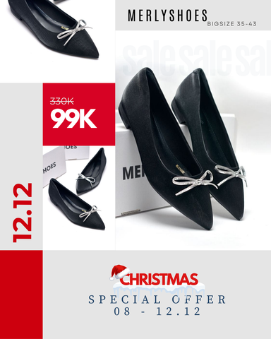 Giày Búp Bê Mũi Nhọn Nơ Nhí, Giày Đế Vuông, Giày Công Sở Nữ Êm Chân, Giày Bít Mũi Nữ Đế Thấp, Giày Bệt Nữ Big Size Merly 1488 Đen Vân Nơ