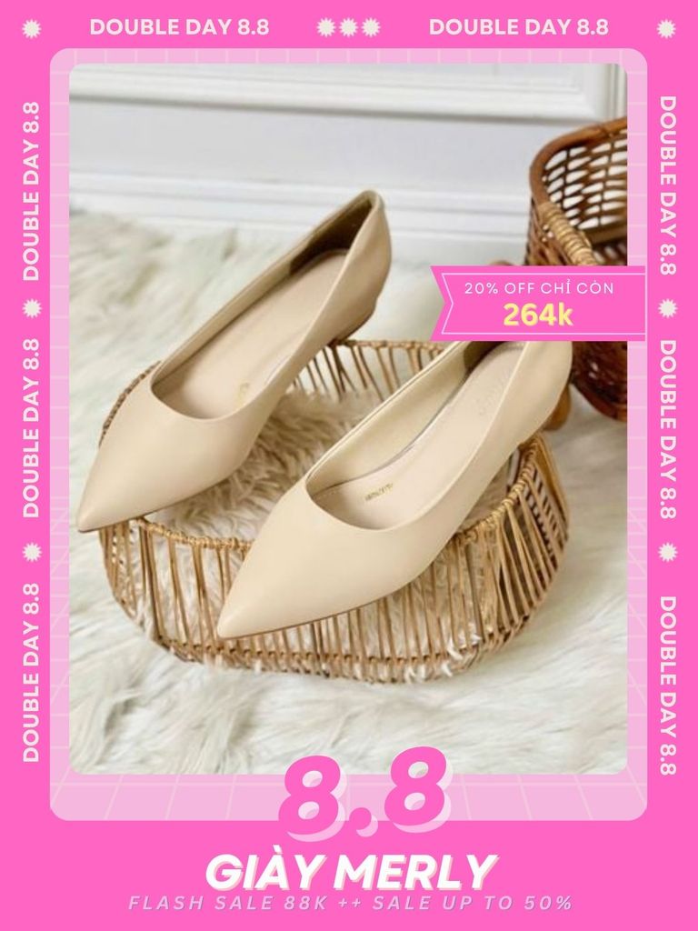 Giày Búp Bê Mũi Nhọn Nữ Màu Nude Đế Thấp 1cm Merly 1488 Kem Mờ, Giày Công Sở Nữ Êm Chân, Giày Bít Mũi Nữ Đế Thấp, Giày Bệt Nữ Cao Cấp, Giày Nữ Big Size