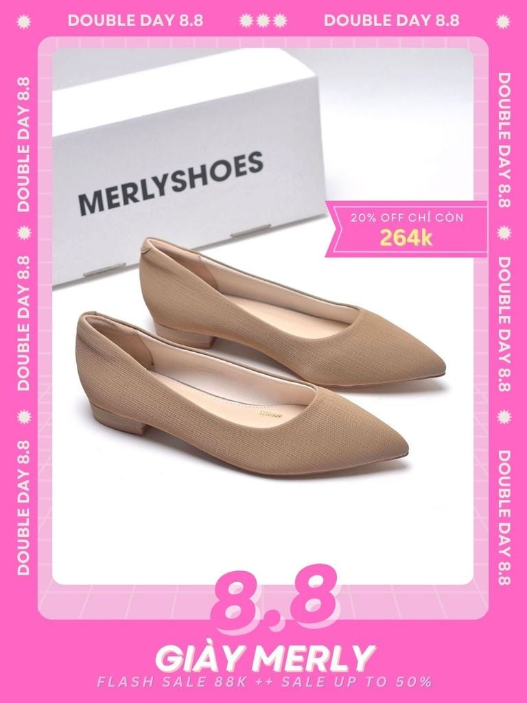 Giày Búp Bê Mũi Nhọn Nude Đế Vuông 1cm, Giày Công Sở Nữ Êm Chân, Giày Bít Mũi Nữ Đế Thấp, Giày Bệt Nữ Cao Cấp, Giày Nữ Big Size, Thương Hiệu Merly 1488 Nâu Vân