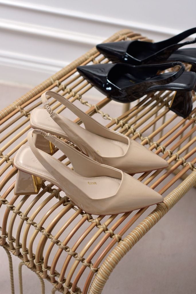 Giày Cao Gót Slingback Đế Vuông Mũi Nhọn Thon Chân Màu Kem Nude Bóng Merly 1490, Giày Bít Mũi, Giày Tiệc, Giày Công Sở Nữ, Giày Cao Gót Big Size