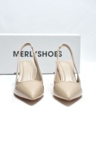Giày Cao Gót Slingback Đế Vuông Mũi Nhọn Thon Chân Màu Kem Nude Bóng Merly 1490, Giày Bít Mũi, Giày Tiệc, Giày Công Sở Nữ, Giày Cao Gót Big Size