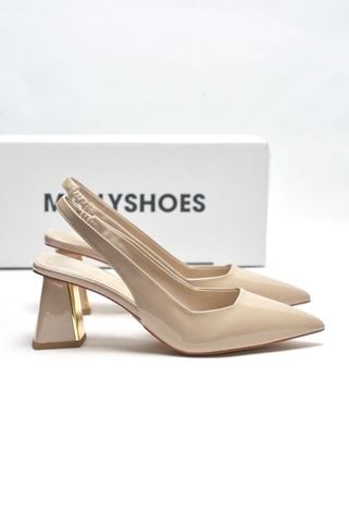 Giày Cao Gót Slingback Đế Vuông Mũi Nhọn Thon Chân Màu Kem Nude Bóng Merly 1490, Giày Bít Mũi, Giày Tiệc, Giày Công Sở Nữ, Giày Cao Gót Big Size