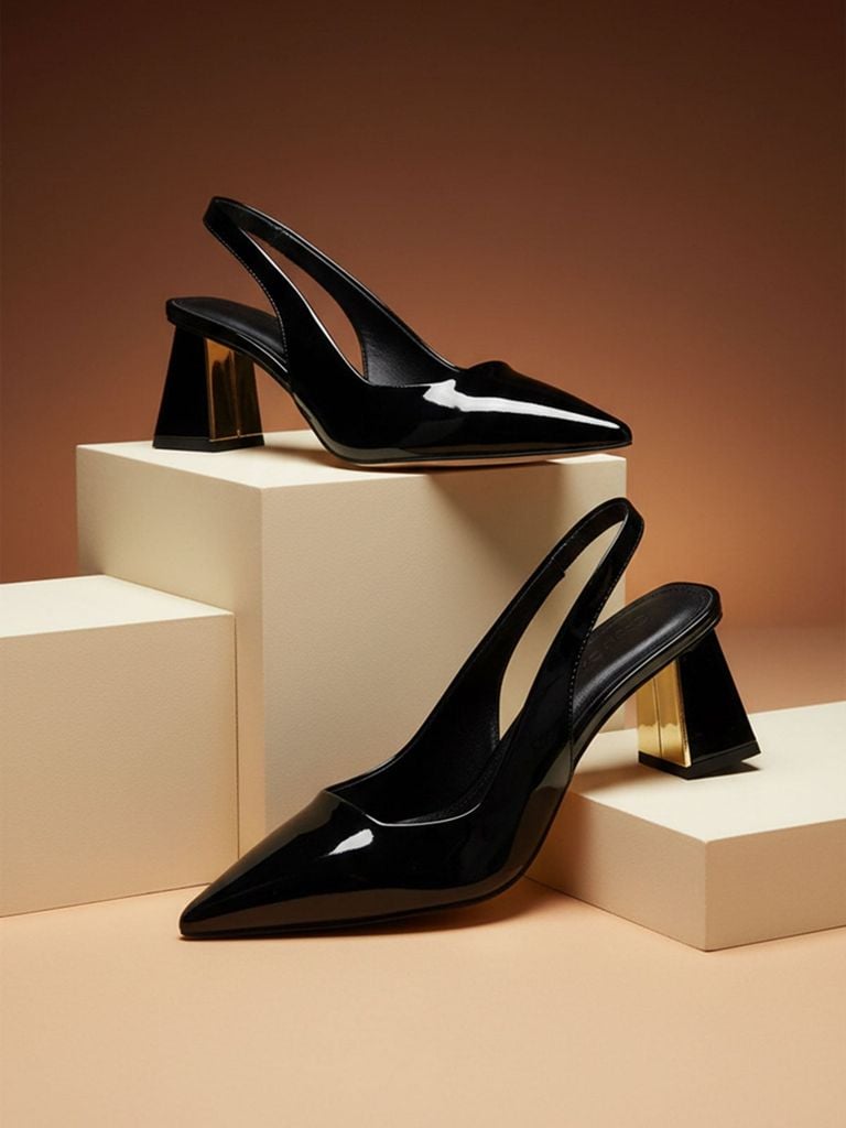 Giày Cao Gót Đen Mũi Nhọn Hở Gót Slingback Đế Vuông 6cm Merly 1490 Đen Bóng Big Size 35-43, Giày Mũi Nhọn, Giày Đi Tiệc, Giày Cao Gót Đế Vuông, Giày Slingback, Giày Cao Gót Big Size