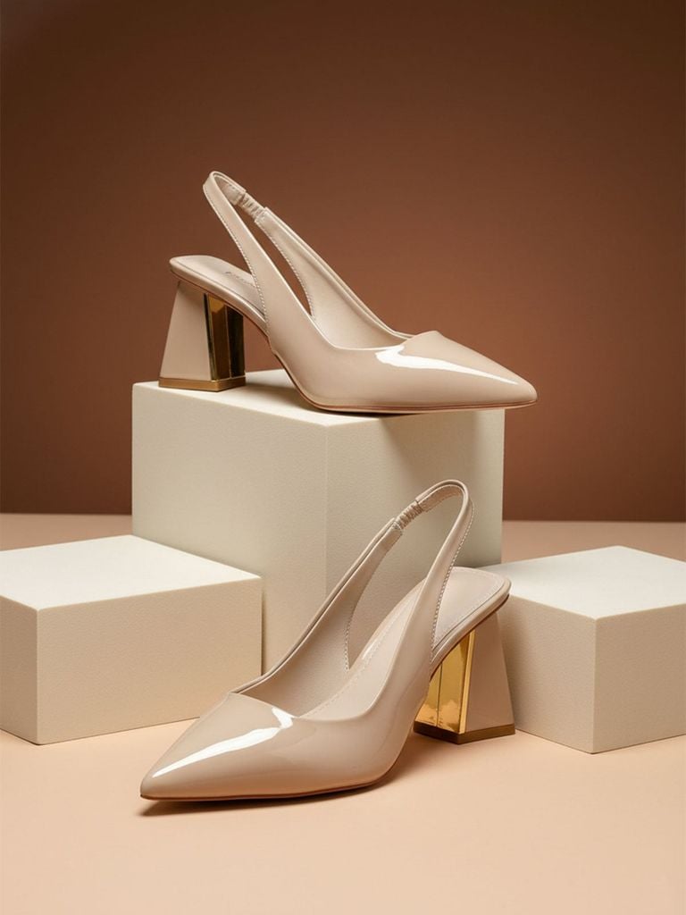 Giày Cao Gót Đế Vuông Slingback Mũi Nhọn Thon Chân Màu Kem Nude Bóng Merly 1490, Giày Bít Mũi, Giày Tiệc, Giày Công Sở Nữ, Giày Cao Gót Big Size