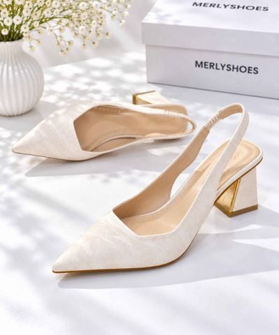 Giày Cao Gót Đế Vuông Slingback Mũi Nhọn Thon Chân Màu Trắng Vân Mây Merly 1490, Giày Bít Mũi, Giày Tiệc, Giày Công Sở Nữ, Giày Cao Gót Big Size
