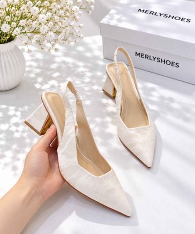 Giày Cao Gót Đế Vuông Slingback Mũi Nhọn Thon Chân Màu Trắng Vân Mây Merly 1490, Giày Bít Mũi, Giày Tiệc, Giày Công Sở Nữ, Giày Cao Gót Big Size