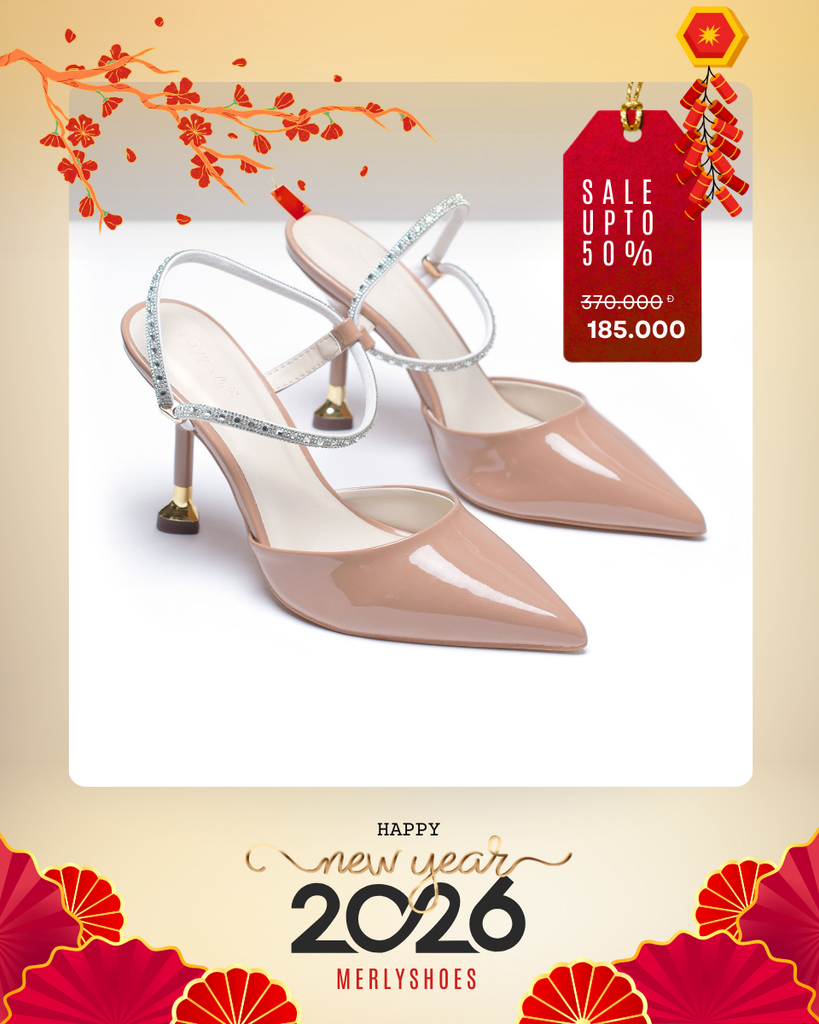 Giày Cao Gót Đi Tiệc Đế Nhọn Mũi Nhọn Đính Đá Bít Mũi Quai Hậu 9cm, Giày Cao Gót Slingback, Giày Cao Gót Big Size, Merly 1509 Nude Nâu Tâyg