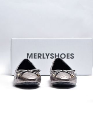 Giày búp bê chần chỉ trám mũi vuông công sở màu chì tráng gương