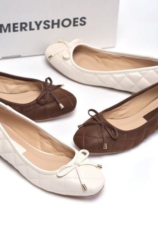 [New Color] Giày Búp Bê Trắng Kem Nơ Nhí Merly 1514 Mũi Vuông Chần Chỉ Phong Cách Hàn, Giày Nữ Big Size 35-43, Giày Đế Bệt, Giày Công Sở Nữ, Giày Nữ Phong Cách Hàn