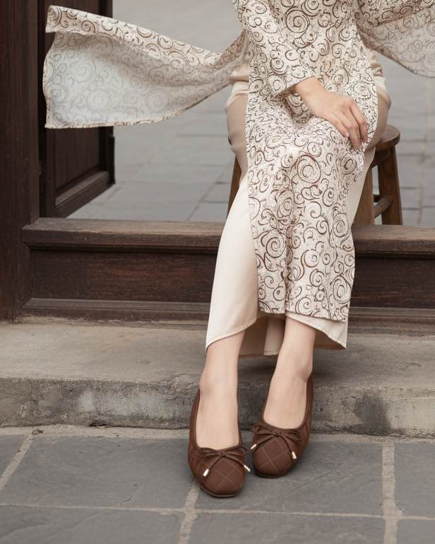 Giày Búp Bê Nâu Nơ Nhí Merly 1514 Mũi Vuông Chần Chỉ Phong Cách Hàn, Giày Nữ Big Size 35-43, Giày Đế Bệt, Giày Công Sở Nữ, Giày Nữ Phong Cách Hàn