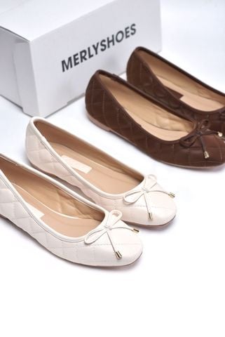 [New Color] Giày Búp Bê Trắng Kem Nơ Nhí Merly 1514 Mũi Vuông Chần Chỉ Phong Cách Hàn, Giày Nữ Big Size 35-43, Giày Đế Bệt, Giày Công Sở Nữ, Giày Nữ Phong Cách Hàn