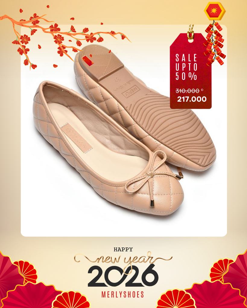 [Best Seller] Giày Mũi Vuông Phong Cách Hàn Chính Hãng Thương Hiệu Merly 1514 Màu Nude Kem, Giày Búp Bê Nơ, Giày Nữ Big Size, Giày Nữ Size 43, Đế Bệt, Giày Màu Nude, Giày Da Chần Trám Chỉ Bông Mềm, Giày Da Công Sở