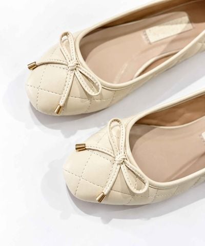 Giày Búp Bê Trắng Kem Nơ Nhí Merly 1514-FB Mũi Vuông Chần Chỉ Phong Cách Hàn, Giày Nữ Big Size 35-43, Giày Đế Bệt, Giày Công Sở Nữ, Giày Nữ Phong Cách Hàn