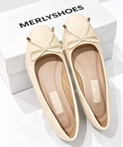 Giày Búp Bê Trắng Kem Nơ Nhí Merly 1514-FB Mũi Vuông Chần Chỉ Phong Cách Hàn, Giày Nữ Big Size 35-43, Giày Đế Bệt, Giày Công Sở Nữ, Giày Nữ Phong Cách Hàn