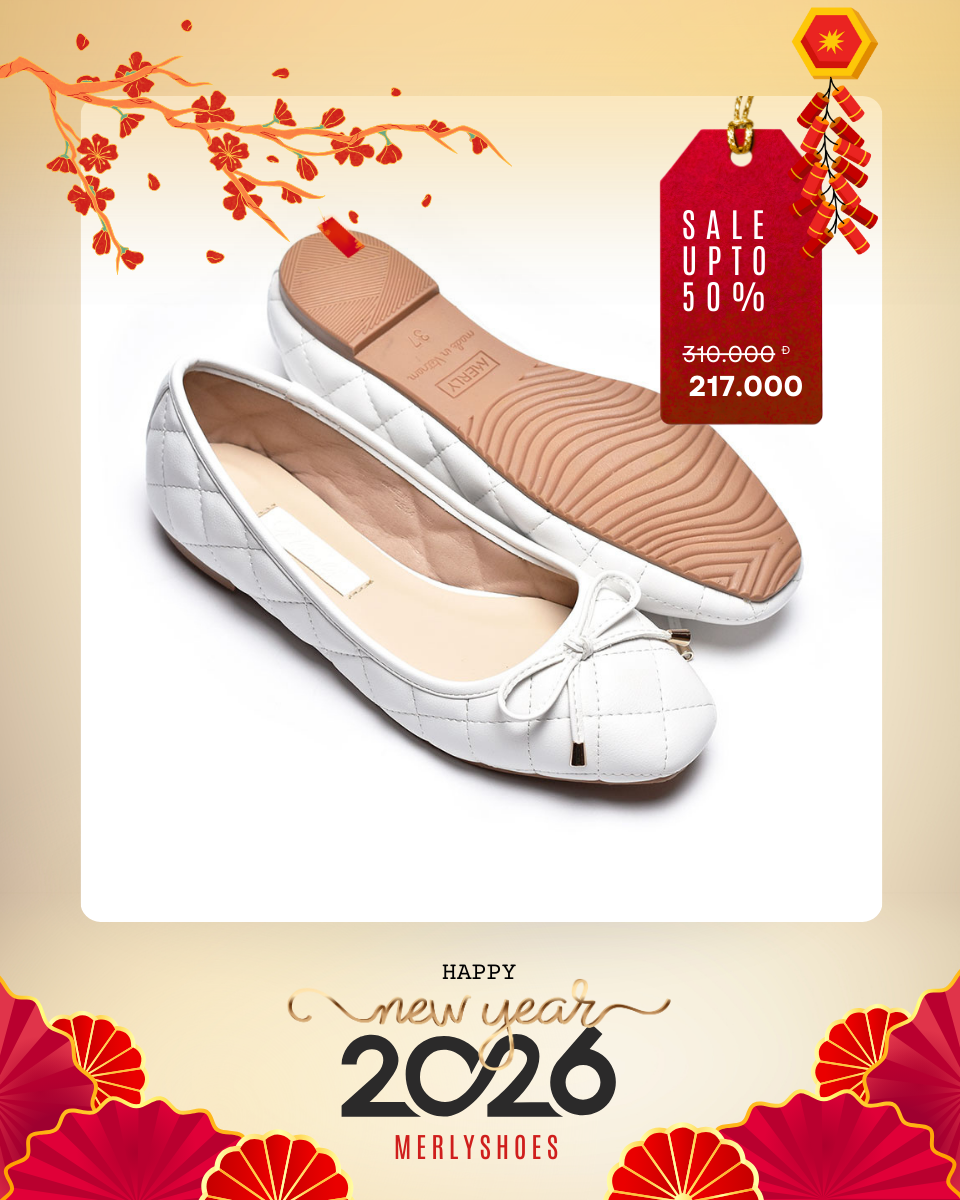 [Best Seller] Giày Mũi Vuông Nơ Nhí Phong Cách Hàn Chính Hãng Thương Hiệu Merly 1514 Màu Trắng, Giày Búp Bê Big Size Đế Bệt Da Chần Trám Chỉ Bông Mềm, Giày Da Công Sở, Giày Nữ Trắng