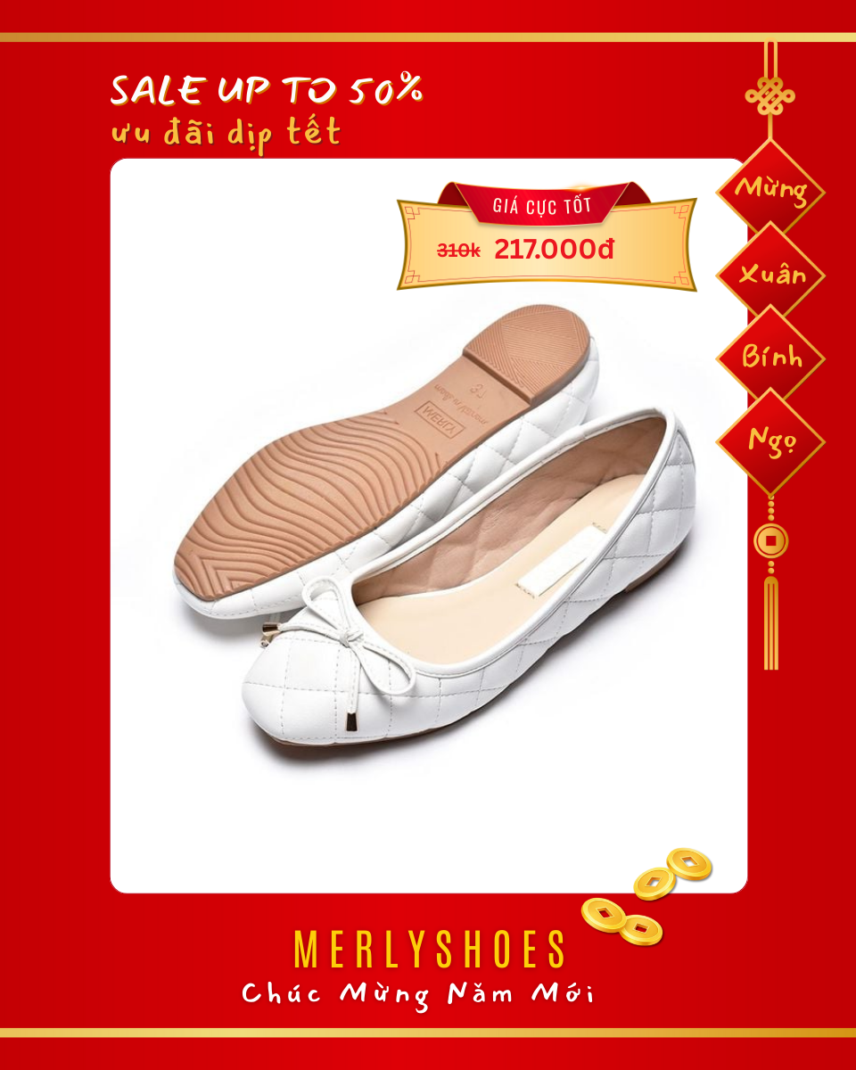 [Best Seller] Giày Mũi Vuông Nơ Nhí Phong Cách Hàn Chính Hãng Thương Hiệu Merly 1514 Màu Trắng, Giày Búp Bê Big Size Đế Bệt Da Chần Trám Chỉ Bông Mềm, Giày Da Công Sở, Giày Nữ Trắng