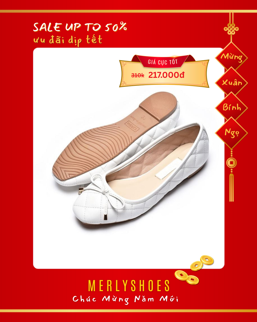 [Best Seller] Giày Mũi Vuông Nơ Nhí Phong Cách Hàn Chính Hãng Thương Hiệu Merly 1514 Màu Trắng, Giày Búp Bê Big Size Đế Bệt Da Chần Trám Chỉ Bông Mềm, Giày Da Công Sở, Giày Nữ Trắng