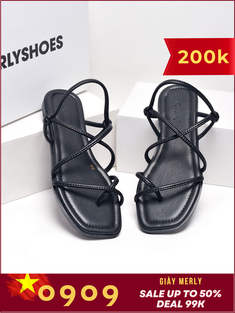 Giày Sandals Dây Mảnh Nữ Xỏ Ngón Đế Bệt 1cm Merly 1517 Đen, Xăng Đan Nữ Cao Cấp, Giày Sandals Nữ Chính Hãng, Giày Dép Nữ Big Size Merly