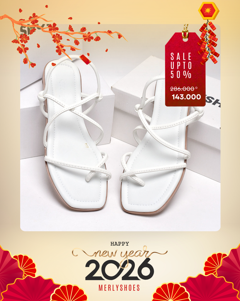 Giày Sandals Dây Mảnh Nữ Xỏ Ngón Đế Bệt 1cm Merly 1517 Trắng, Xăng Đan Nữ Cao Cấp, Giày Sandals Nữ Chính Hãng, Giày Dép Nữ Big Size Merly