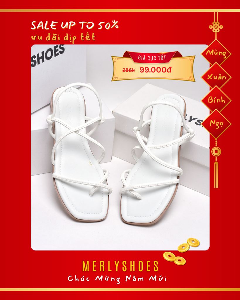 Giày Sandals Dây Mảnh Nữ Xỏ Ngón Đế Bệt 1cm Merly 1517 Trắng, Xăng Đan Nữ Cao Cấp, Giày Sandals Nữ Chính Hãng, Giày Dép Nữ Big Size Merly