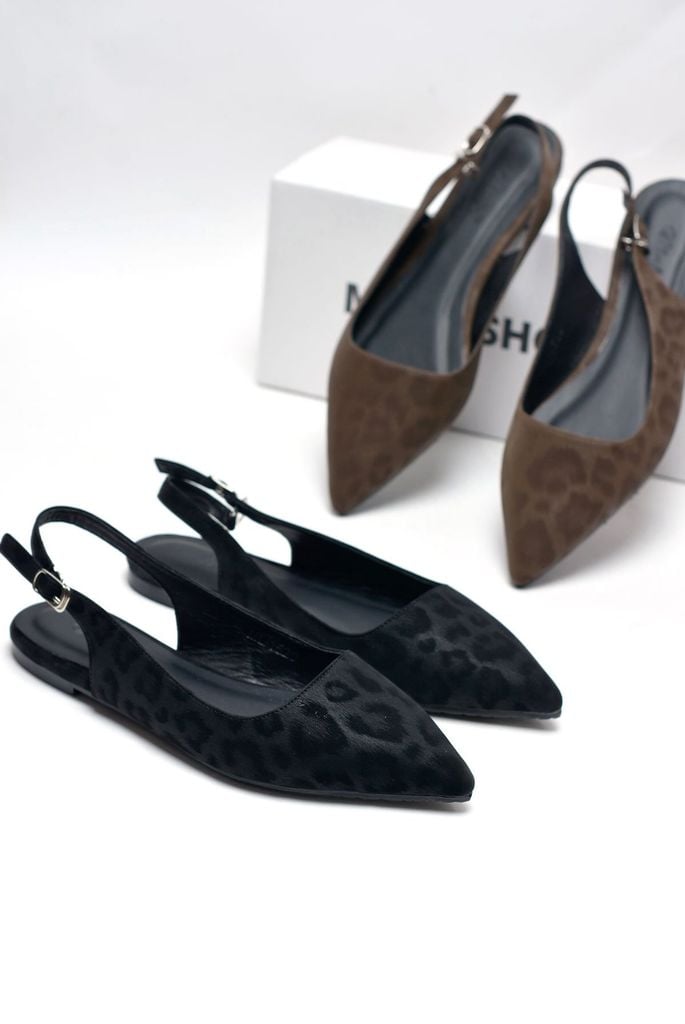 Giày Bệt Mũi Nhọn Họa Tiết Beo Hở Gót Êm Chân Merly 1520 Màu Đen Size 35-43, Giày Búp Bê Mũi Nhọn, Giày Công Sở Nữ Êm Chân