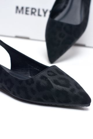 Giày Bệt Mũi Nhọn Họa Tiết Beo Hở Gót Êm Chân Merly 1520 Màu Đen Size 35-43, Giày Búp Bê Mũi Nhọn, Giày Công Sở Nữ Êm Chân