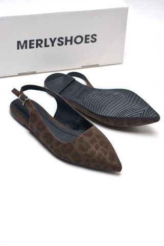 [SL giới hạn] Giày Bệt Mũi Nhọn Họa Tiết Beo Hở Gót Êm Chân Merly 1520 Màu Nâu Size 35-43, Giày Búp Bê Mũi Nhọn, Giày Công Sở Nữ