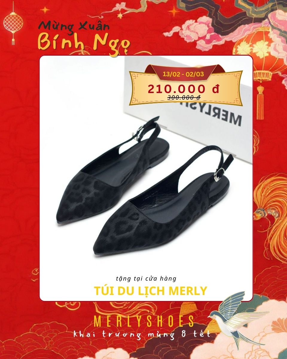 Giày Bệt Mũi Nhọn Họa Tiết Beo Hở Gót Êm Chân Merly 1520 Màu Đen Size 35-43, Giày Búp Bê Mũi Nhọn, Giày Công Sở Nữ Êm Chân