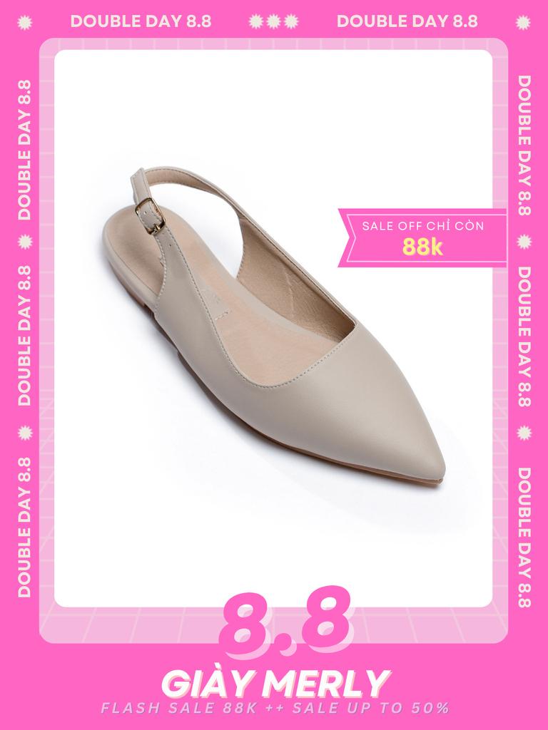 [Form Lớn, Lùi 1 Size] Giày Búp Bê Mũi Nhọn Hở Gót, Giày Nữ Big Size, Giày Công Sở Nữ, Giày Bít Mũi Có Quai Hậu, Giày Bít Mũi Hở Gót Nữ, Giày Da Nữ Cao Cấp, Thương Hiệu Merly 1520 Kem Ghi Da Microfiber