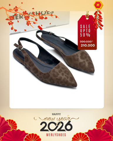 [SL giới hạn] Giày Bệt Mũi Nhọn Họa Tiết Beo Hở Gót Êm Chân Merly 1520 Màu Nâu Size 35-43, Giày Búp Bê Mũi Nhọn, Giày Công Sở Nữ