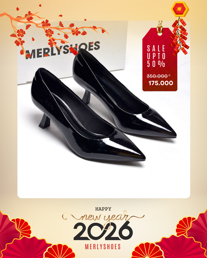 Giày Cao Gót Mũi Nhọn 5cm Merly 1526 Đen Bóng, Giày Cao Gót Đế Nhọn, Giày Công Sở Nữ Êm Chân, Giày Cao Gót Big Size 35-43