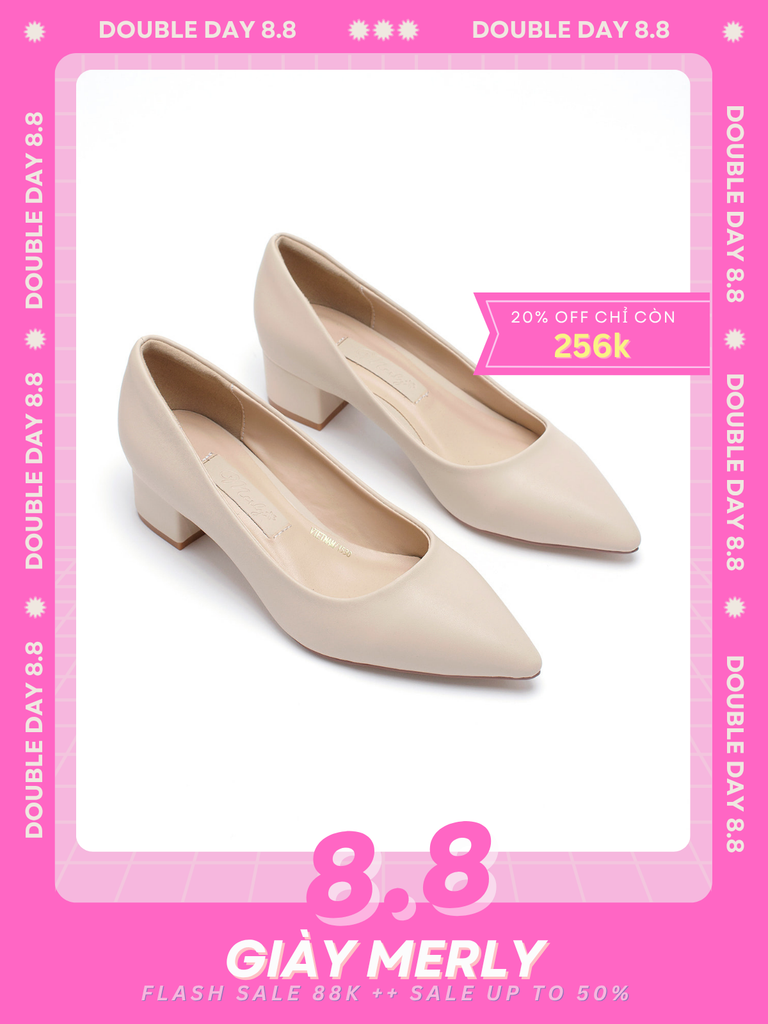 Giày Cao Gót Đế Vuông 3cm Nude Công Sở Nữ Thương Hiệu Merly 1530, Giày Búp Bê Cao Gót, Giày Big Size Nữ, Giày Nữ Size 43, Giày Cao Gót Mũi Nhọn