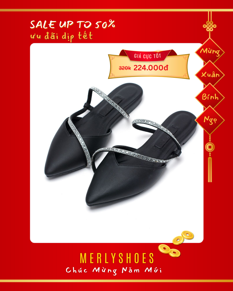 Dép Sục Nữ Đính Đá Mũi Nhọn Dây Hậu Thương Hiệu Merly 1531 Đen, Da Microfiber Cao Cấp, Dép Bít Mũi, Giày Búp Bê Nữ, Giày Dép Nữ Big Size, Giày Đính Đá, Dép Xăng Đan Nữ Cao Cấp, Sục Mũi Nhọn, Singback Bệt