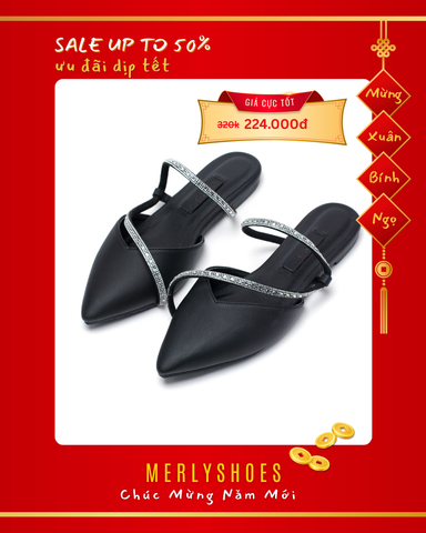 Dép Sục Nữ Đính Đá Mũi Nhọn Dây Hậu Thương Hiệu Merly 1531 Đen, Da Microfiber Cao Cấp, Dép Bít Mũi, Giày Búp Bê Nữ, Giày Dép Nữ Big Size, Giày Đính Đá, Dép Xăng Đan Nữ Cao Cấp, Sục Mũi Nhọn, Singback Bệt
