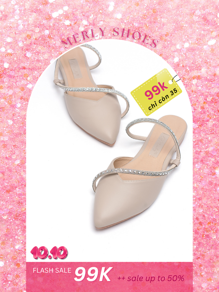 Dép Sục Nữ Đính Đá Mũi Nhọn Dây Hậu, Dép Bít Mũi, Giày Búp Bê Nữ, Giày Dép Nữ Big Size, Dép Xăng Đan Nữ Cao Cấp, Sục Mũi Nhọn, Singback, Thương Hiệu Merly 1531 Kem