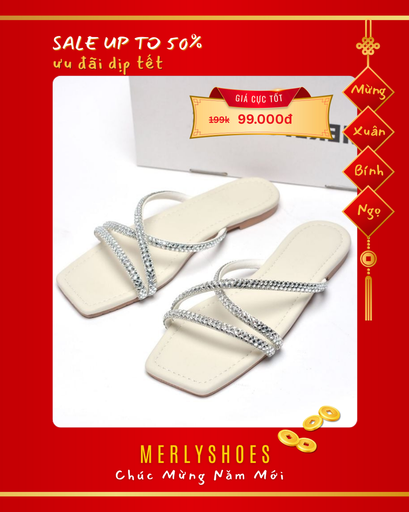 Dép Lê Nữ Đính Đá Dây Mảnh Big Size Nữ 35-43 Merly 1550 Trắng Ngà, Dép Da Cao Cấp, Dép Nữ Màu Trắng, Dép Đi Biển, Thương Hiệu Merly