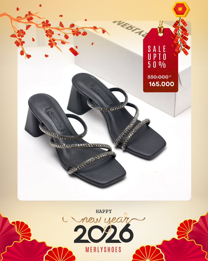 Dép Cao Gót Đế Vuông 6cm Big Size 35-43 Dây Mảnh Đính Đá Đi Tiệc, Sandal Cao Gót, Guốc Cao Gót, Dép Guốc Nữ Big Size Thương Hiệu Merly 1574 Màu Đen