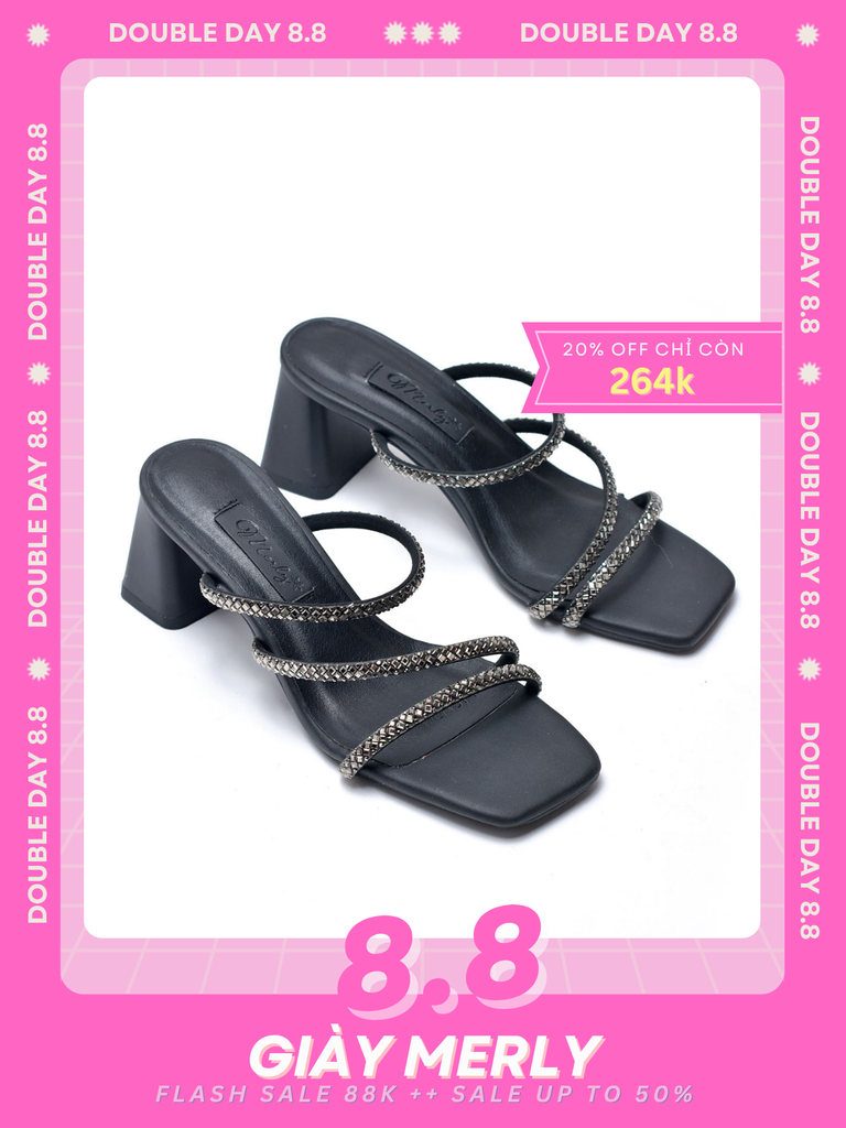 Dép Cao Gót Đế Vuông 6cm Big Size 35-43 Dây Mảnh Đính Đá Đi Tiệc, Sandal Cao Gót, Guốc Cao Gót, Dép Guốc Nữ Big Size Thương Hiệu Merly 1574 Màu Đen