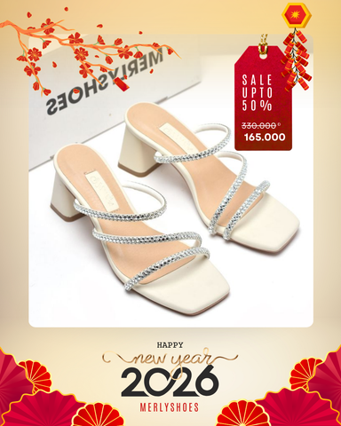Dép Cao Gót 6cm Đế Vuông, Guốc Nữ Big Size 35-43, Dép Dây Mảnh Đính Đá Đi Tiệc, Guốc Cao Gót, Sandal Cao Gót Thương Hiệu Merly 1574 Trắng Kem