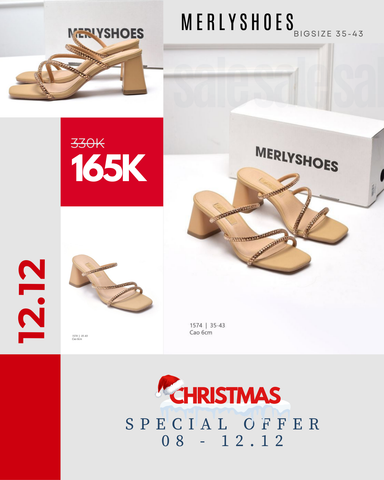 Dép Guốc Cao Gót Đế Vuông 6cm Dây Đính Đá Merly 1574 Màu Be Vàng x Đính Đá Nâu Tây, Giày Dép Sandal Đi Tiệc Big Size 35 - 43