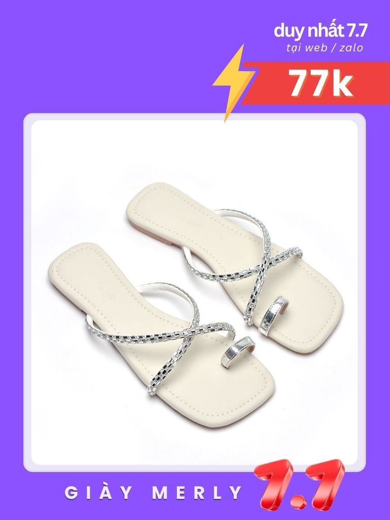 Dép Lê Nữ Xỏ Ngón Quai Đính Đá Big Size [ 35-43 FORM TO ] Merly 1575 Trắng Ngà, Dép Nữ Big Size, Dép Dây Mảnh, Dép Da Cao Cấp Microfiber