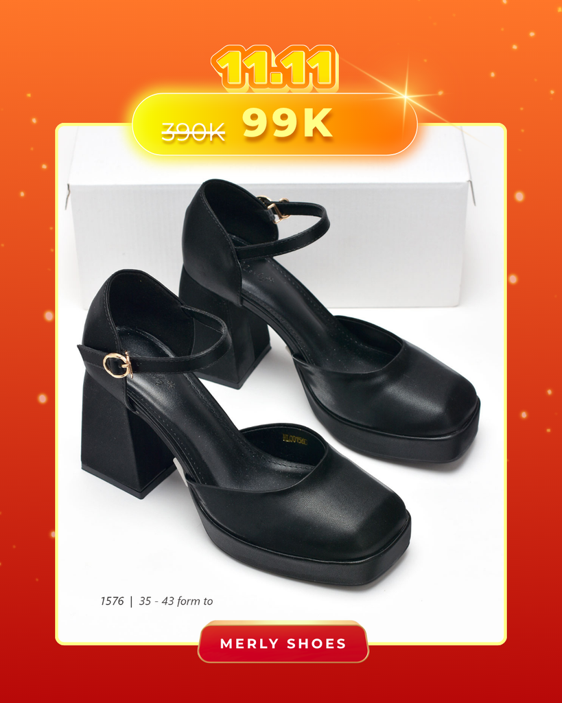 Giày Cao Gót Đế Vuông Đúp Mũi 10cm 1576 , Giày Mary Jane Đế Cao Merly 1576 Đen [ Big Size 35-43 ] Giày Cao Gót Đi Tiệc, Giày Cao Gót Big Size, Sandal Bít Mũi Hở Gót, Giày Đế Đúp, Giày Mũi Vuông