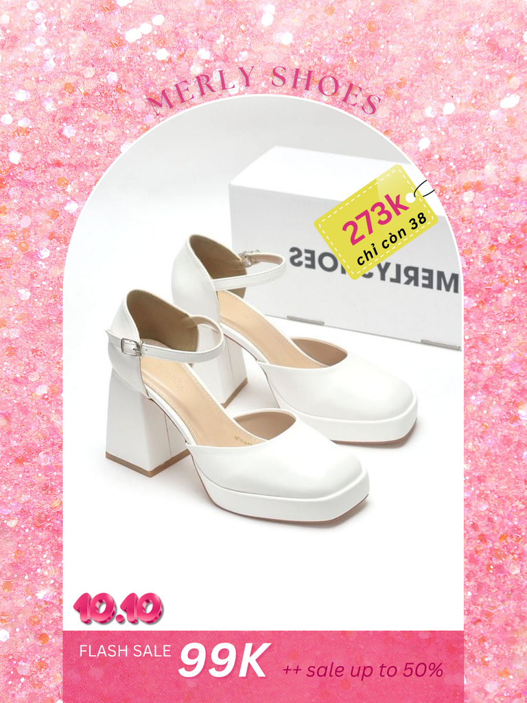 Giày Cao Gót Đế Vuông 10cm Mary Jane Trắng Đúp Mũi Hợp Đi Tiệc Hoặc Làm Giày Cưới [ MERLY 1576 ] Giày Cao Gót Big Size 35-43, Giày Da Cao Cấp, Giày Đế Đúp, Sandal Bít Mũi Quai Hậu, Giày Mũi Vuông