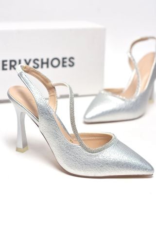 Giày Cao Gót Bạc Đi Tiệc Mũi Nhọn 9cm Nhũ Dây Đá Chéo, Giày Cao Gót Đi Tiệc Bigsize