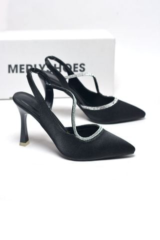 giày đi tiệc màu đen quai đá gót nhọn 9cm mũi nhọn êm chân