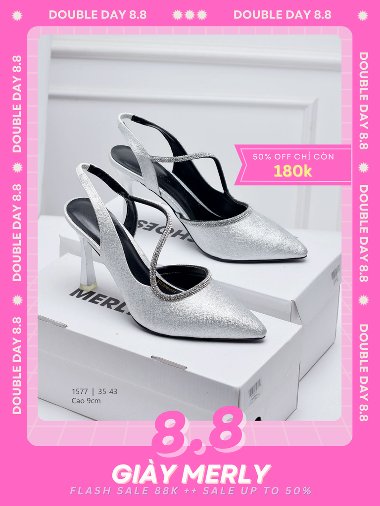 Giày Cao Gót Mũi Nhọn 9cm Nhũ Bạc Đính Đá Big Size 35-43 Thương Hiệu Merly 1577, Giày Slingback, Sandal Bít Mũi Hở Gót, Giày Đi Tiệc, Giày Cưới Cô Dâu, Giày Cao Gót Big Size